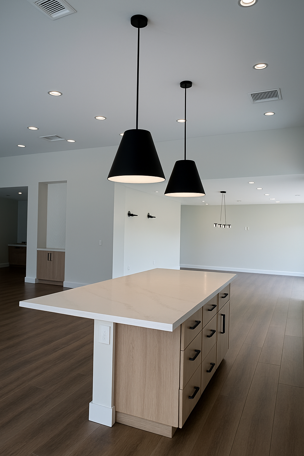 Modern pendant lighting in a bright kitchen